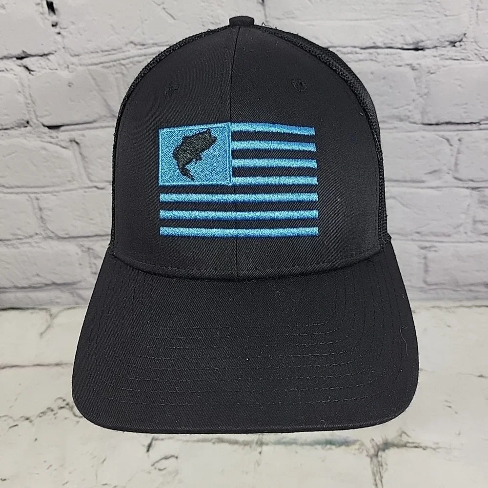 Fish Flag Trucker Hat Mens OS Black Embroidered Logo Snapback Ball Cap
